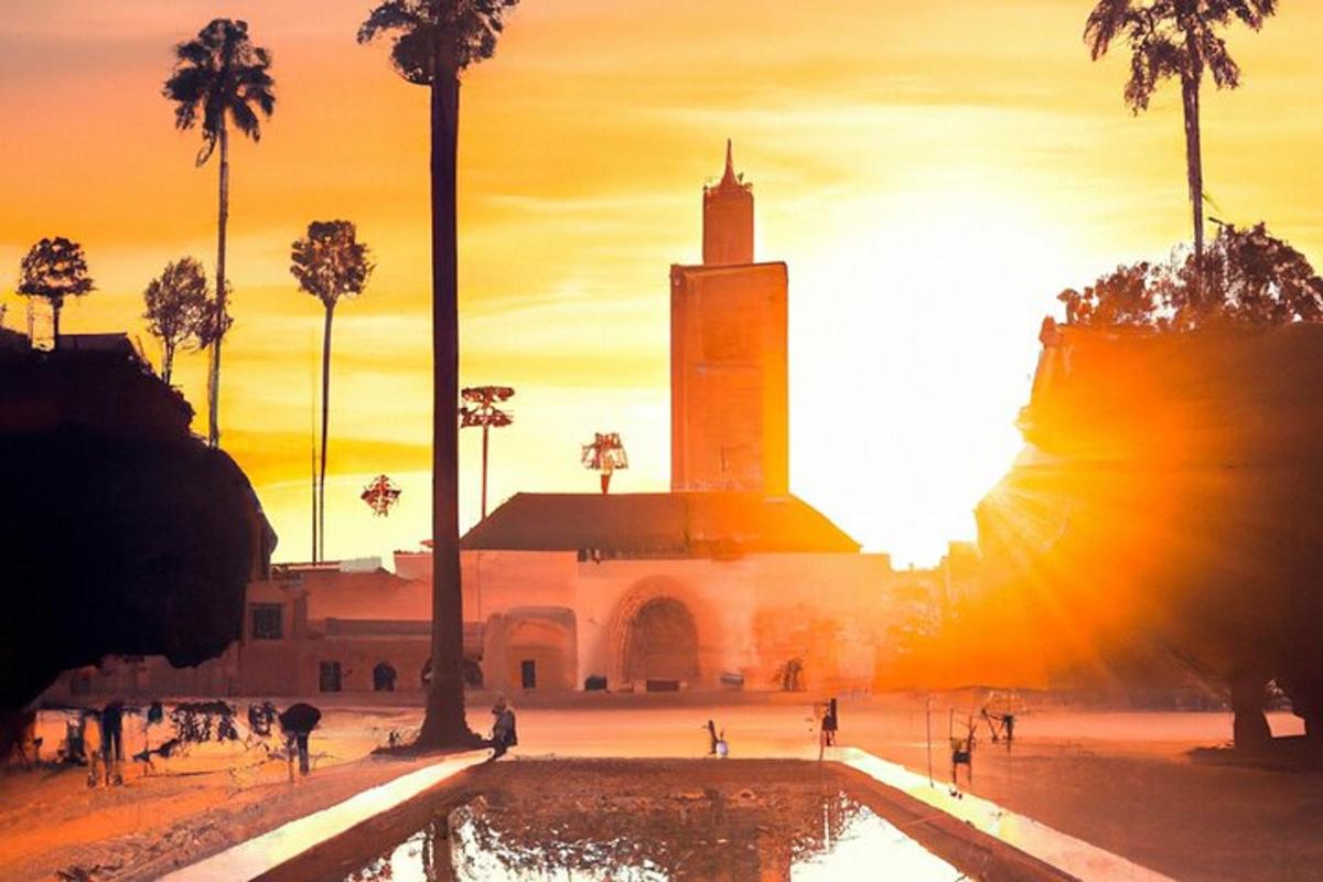 a building with a clock tower and palm trees at sunset