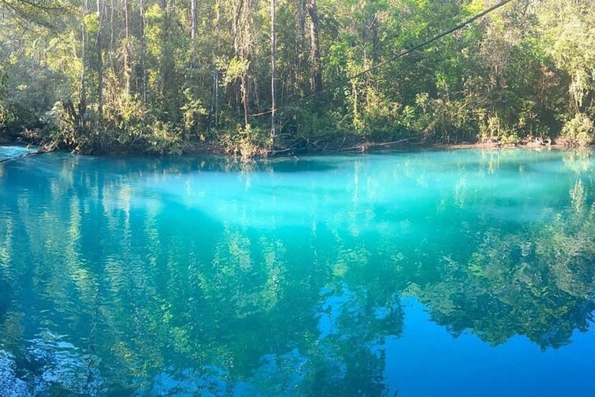 a body of blue water with trees in the background