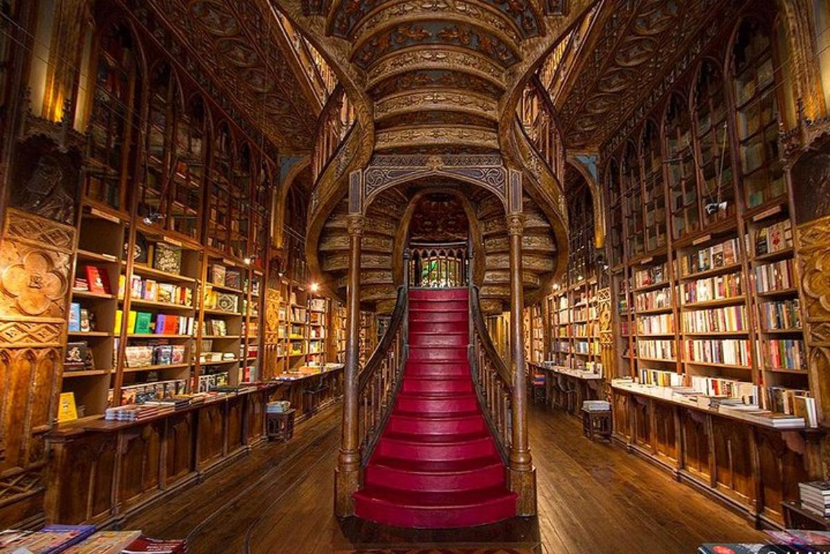 o bibliotecă cu un covor roșu în mijloc
