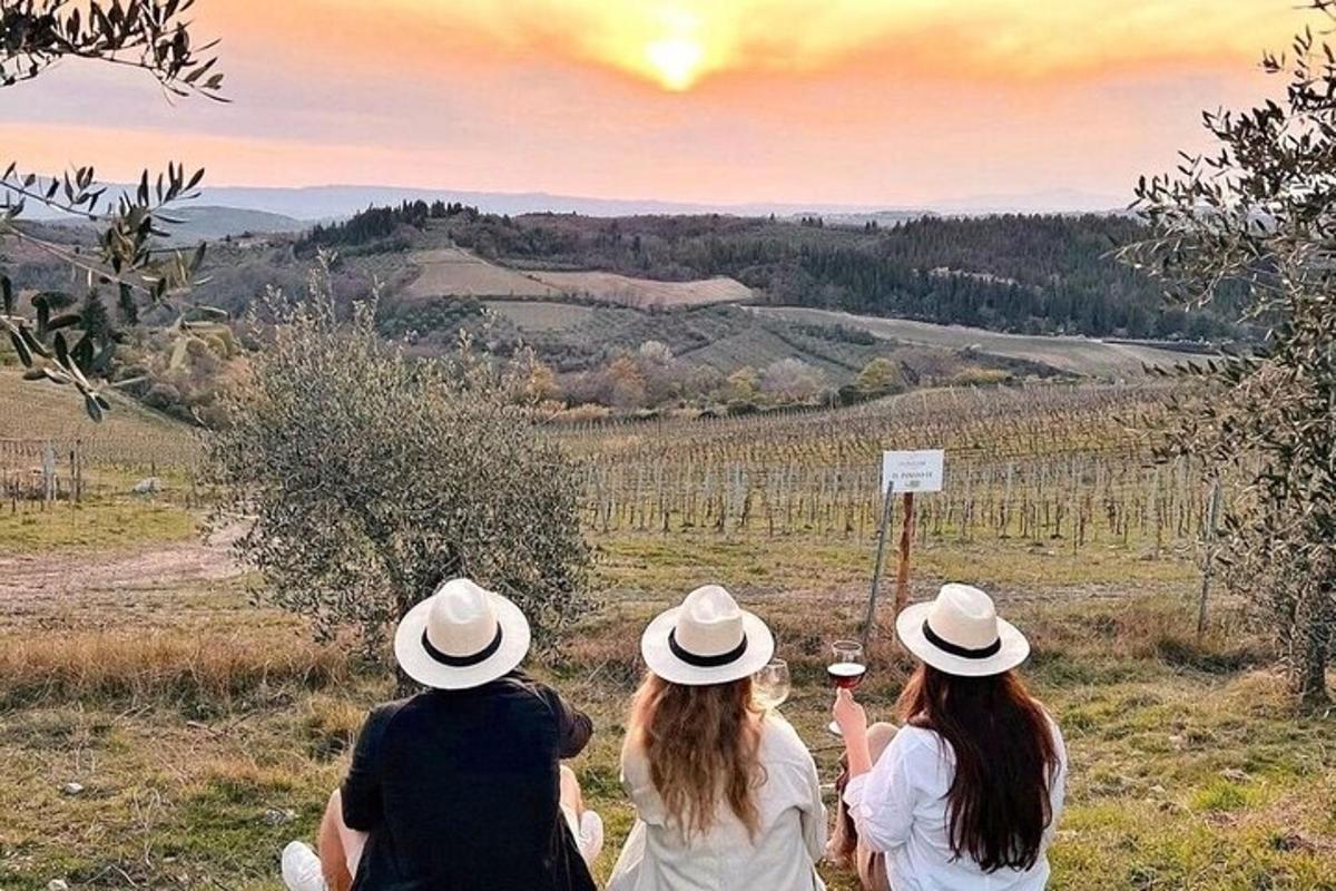 tři lidé sedící na kopci a dívající se na vinici