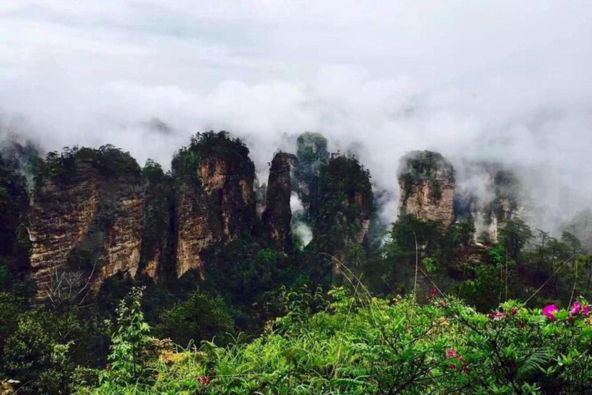 a mountain in the clouds with trees and rocks