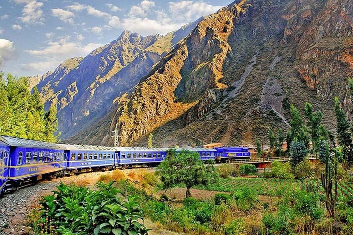 un treno blu sta viaggiando attraverso una catena montuosa