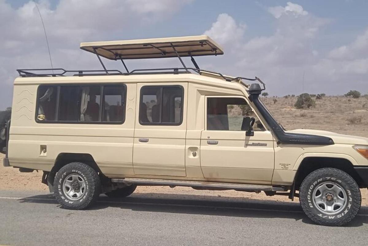 Un jeep blanco con un portaequipajes en la parte superior.