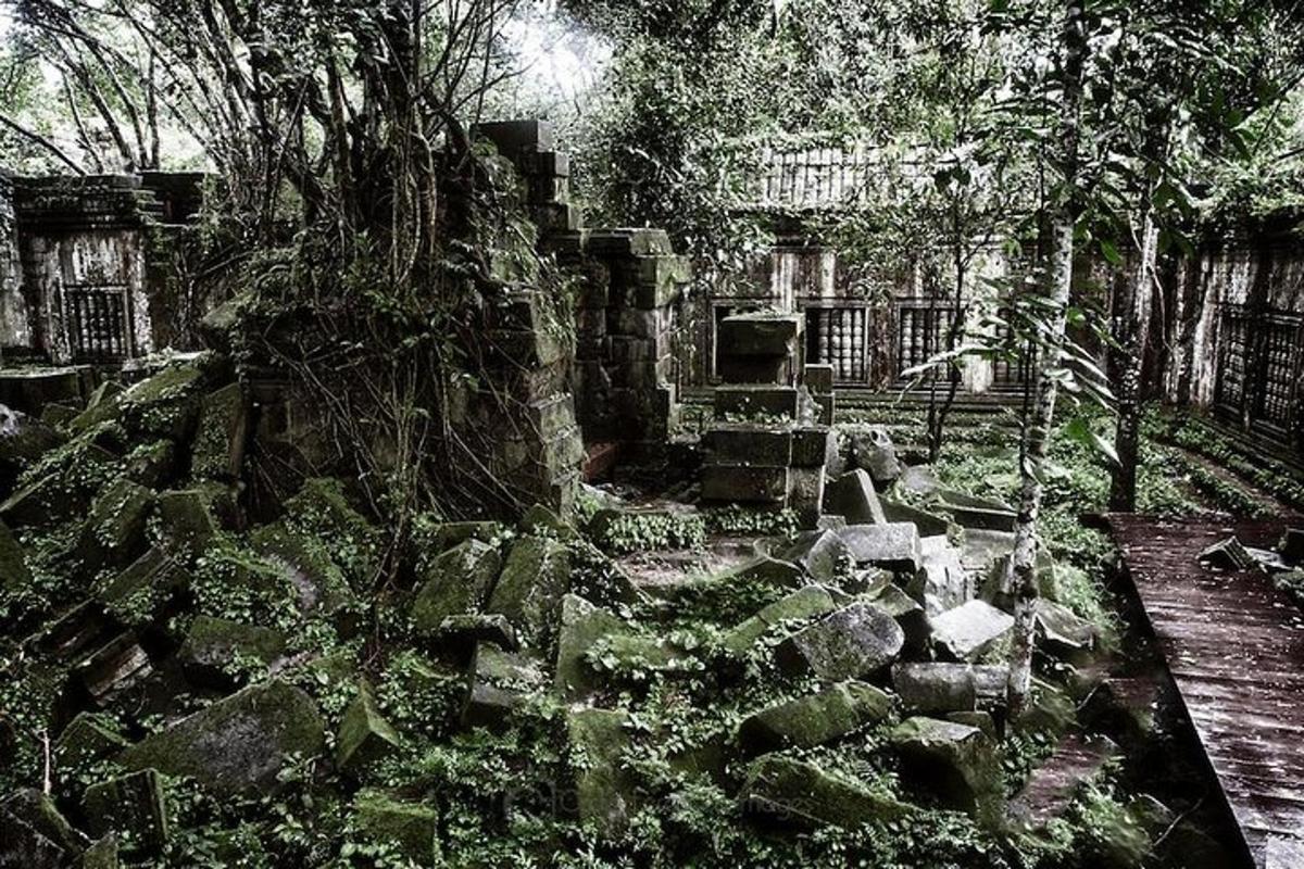 um antigo jardim de pedras com árvores e pedras
