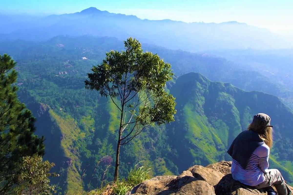 a woman sitting on a rock looking at the mountains