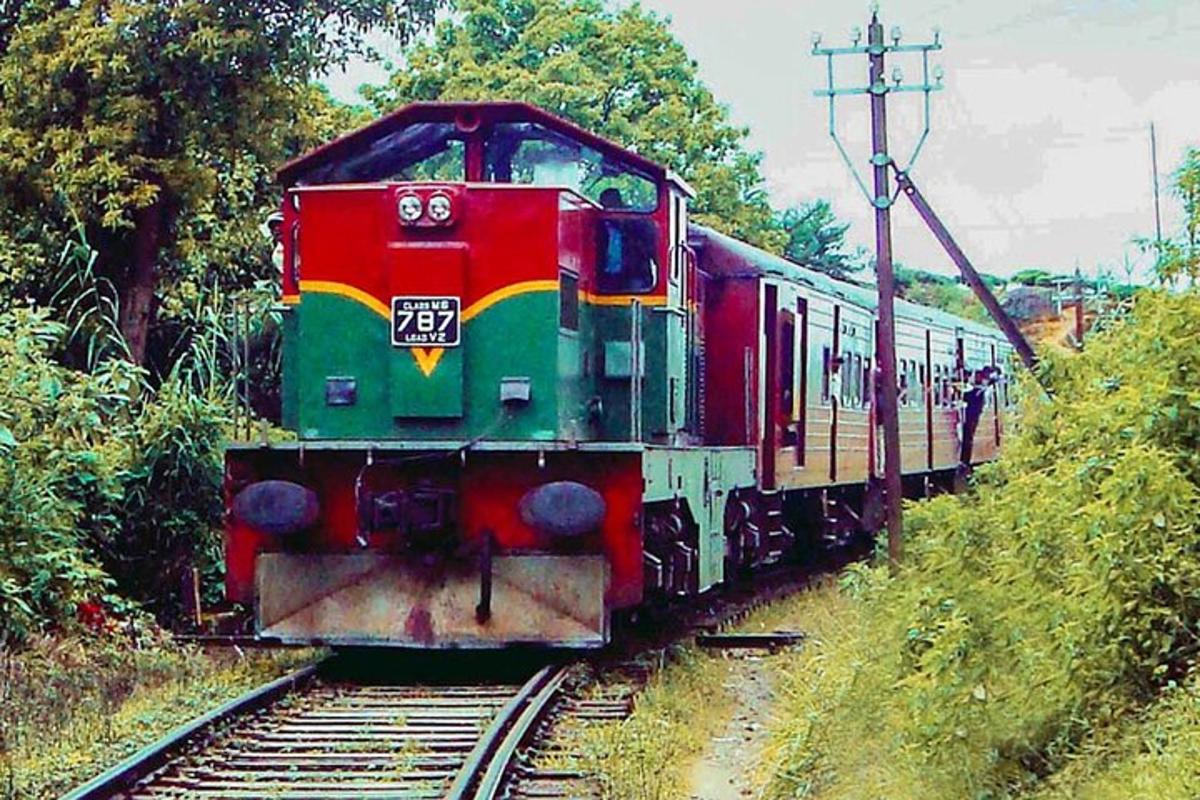 a red and green train traveling down the tracks
