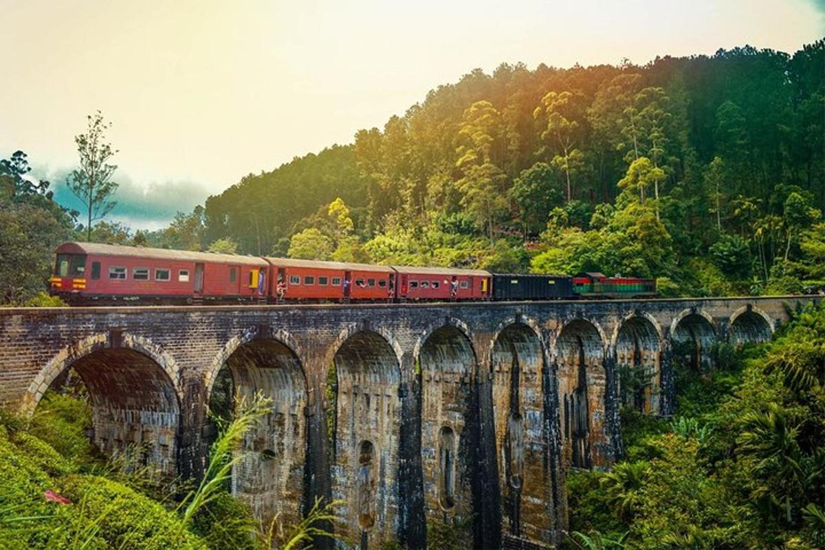 a train on a bridge over a mountain