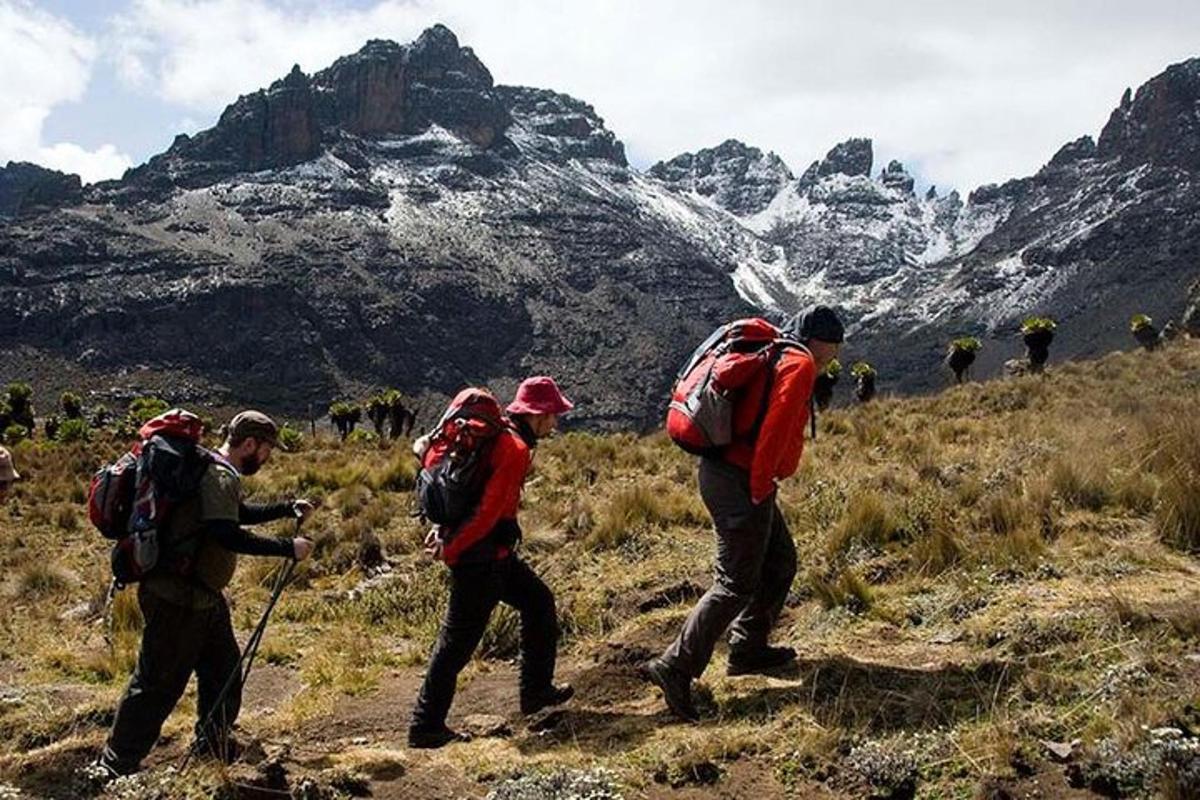 a group of people with backpacks walking on a mountain