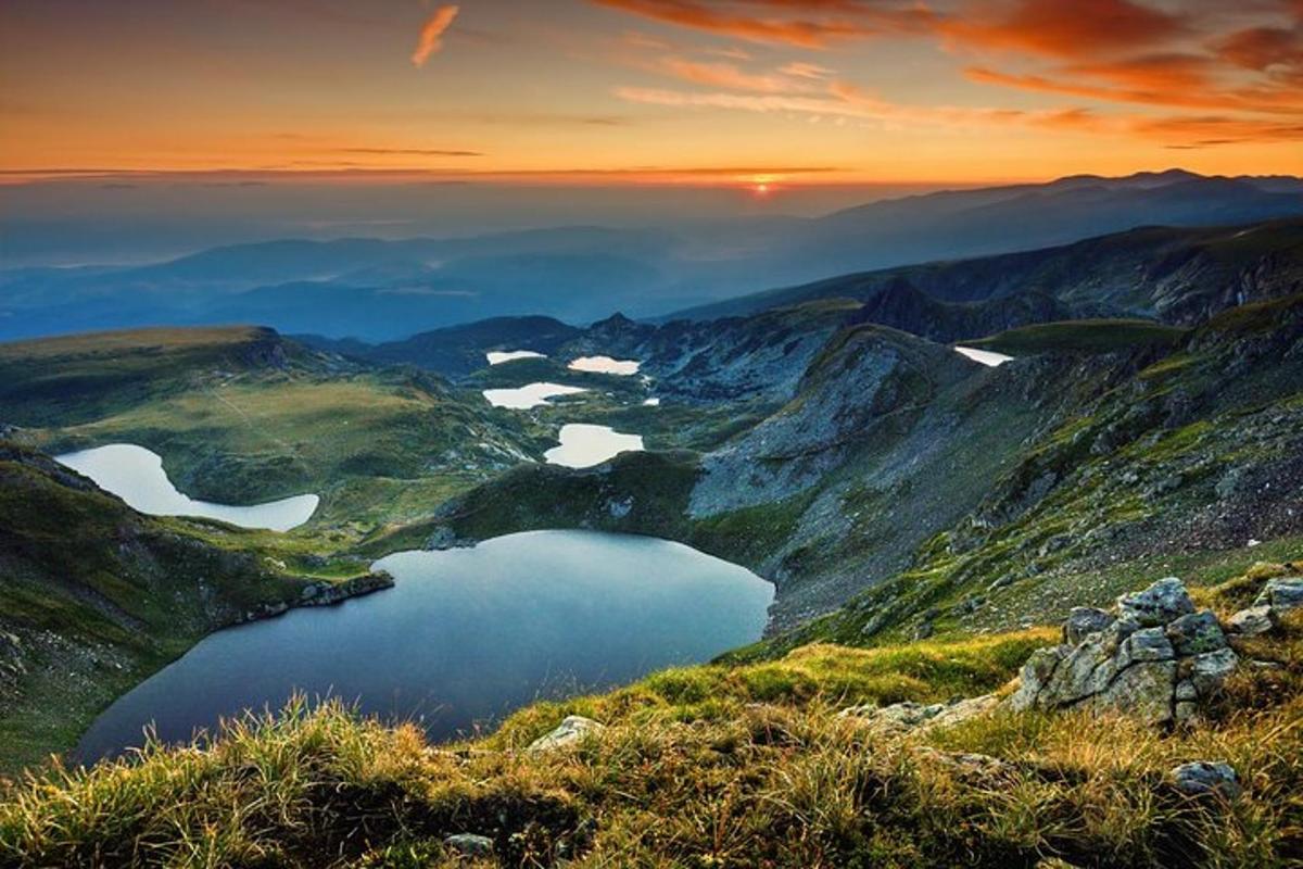 a view of two lakes in a mountain range