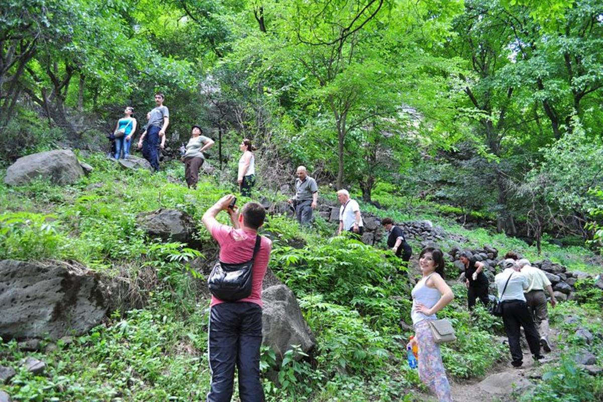 um grupo de pessoas caminhando em uma trilha na floresta
