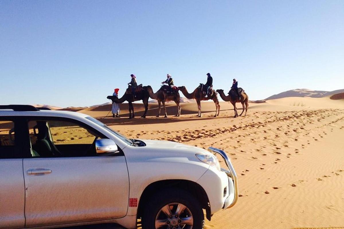 un gruppo di persone a cavallo di cammelli nel deserto