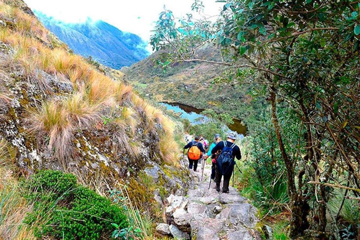 a group of people walking down a mountain trail