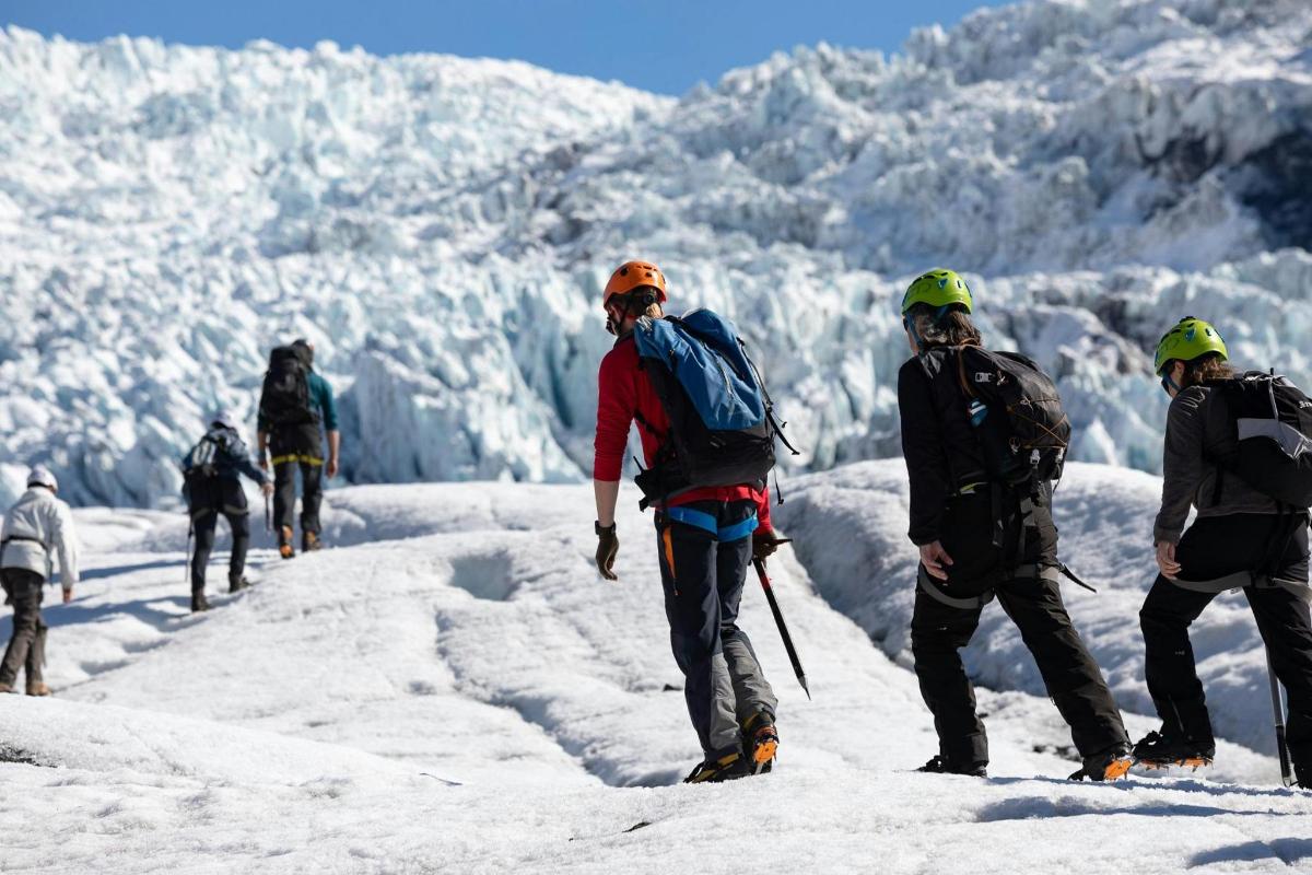 un gruppo di persone che camminano su una montagna innevata