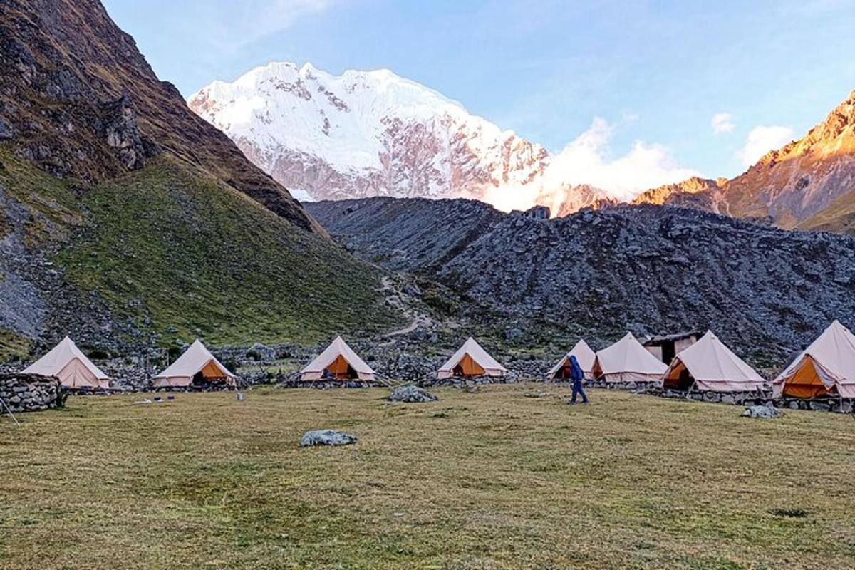 Un grupo de tiendas de campaña en un campo con una montaña.