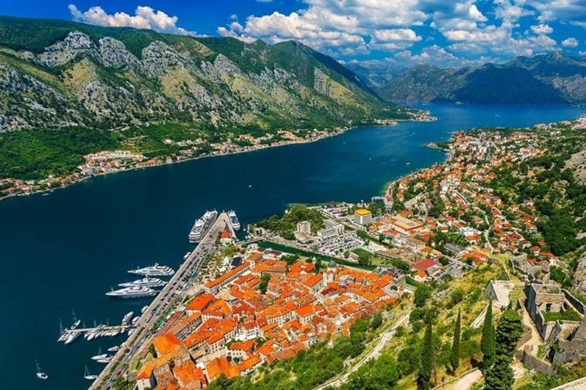 an aerial view of a city and a body of water