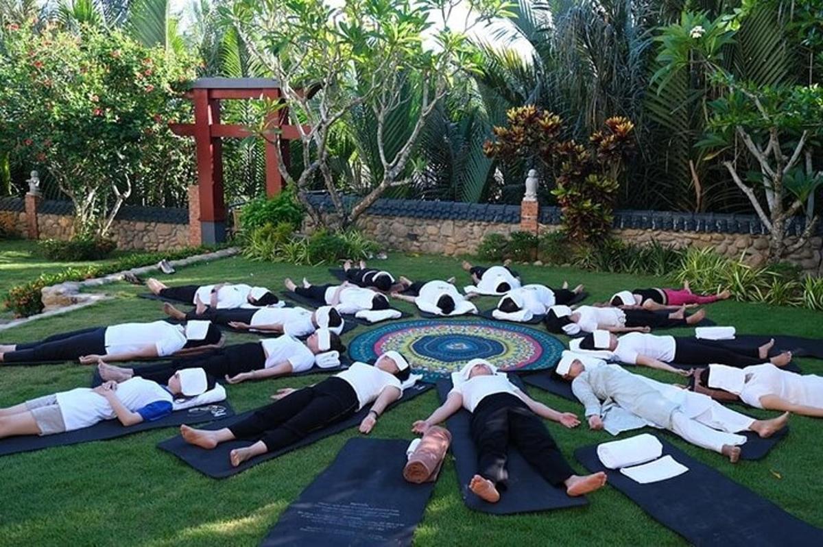 un gruppo di persone che fa yoga sull'erba
