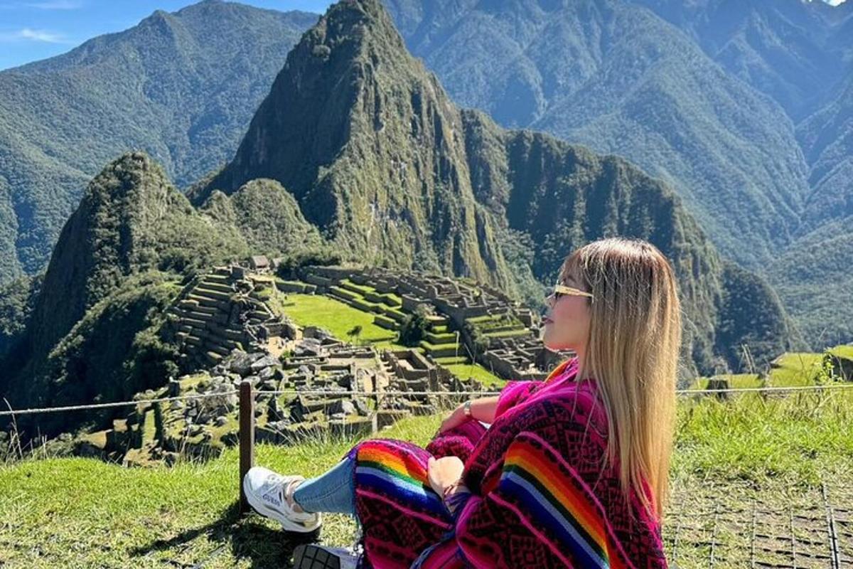 una donna seduta su una staccionata che guarda le rovine