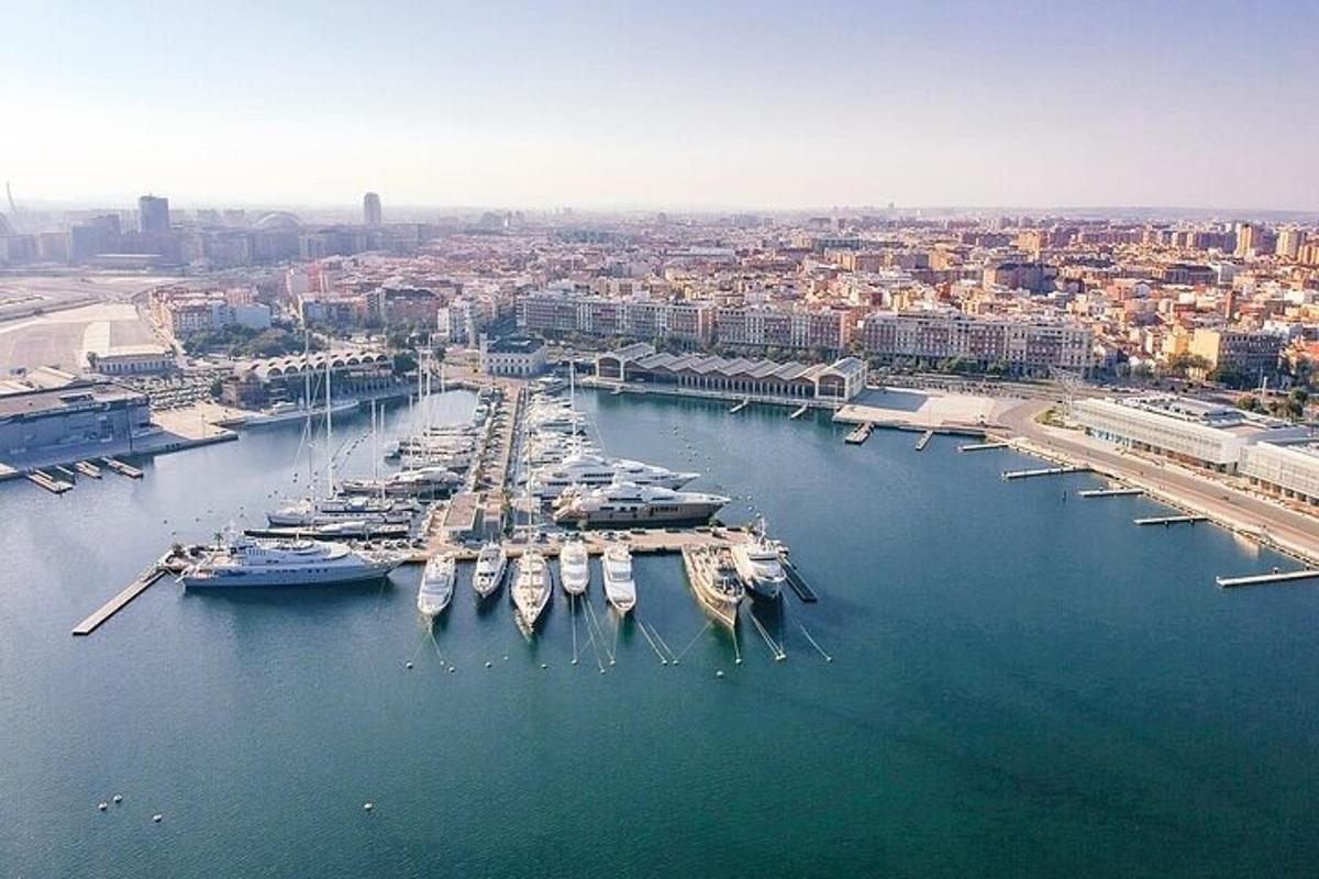 an aerial view of a harbor with boats in the water