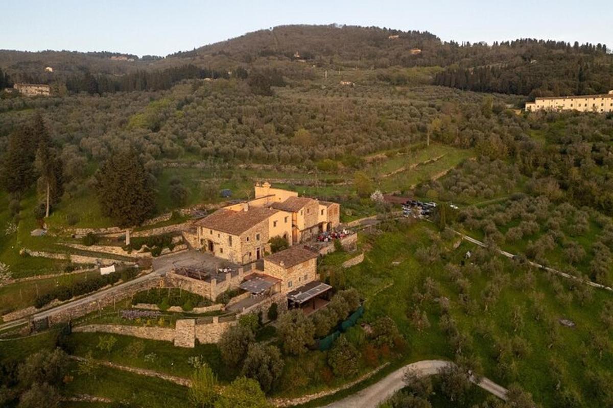 an aerial view of a house in a field