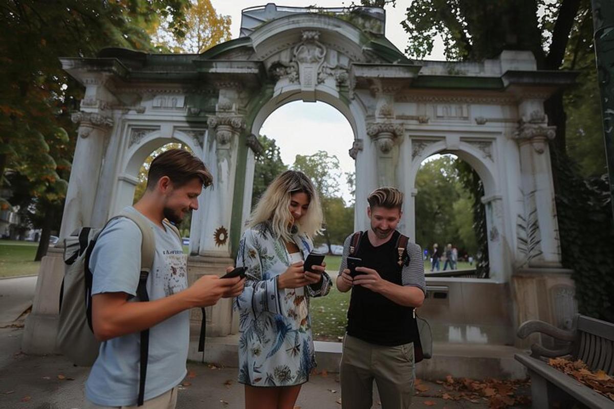 Un grupo de personas paradas frente a un edificio con sus teléfonos celulares.