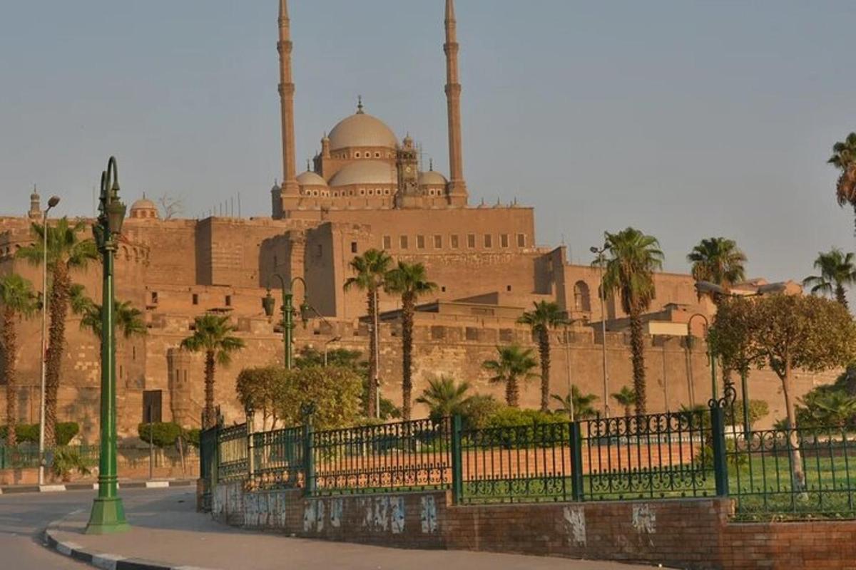 una moschea con una recinzione e delle palme di fronte