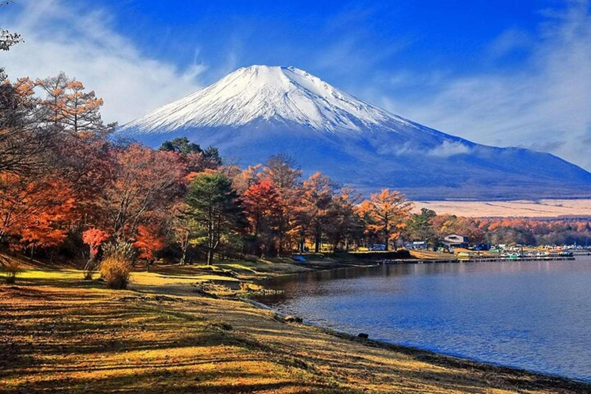 uma montanha coberta de neve ao lado de um lago