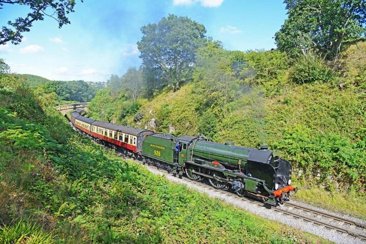 a train traveling down the tracks near a hill