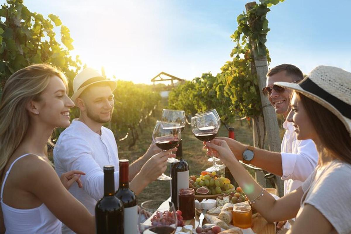 Un grupo de personas sentadas alrededor de una mesa con copas de vino.