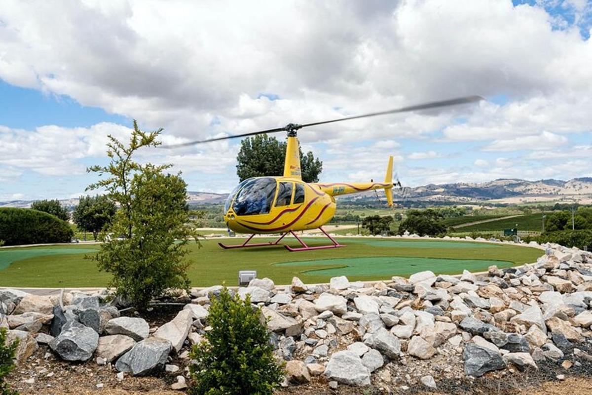 sebuah helikopter kuning duduk di atas padang