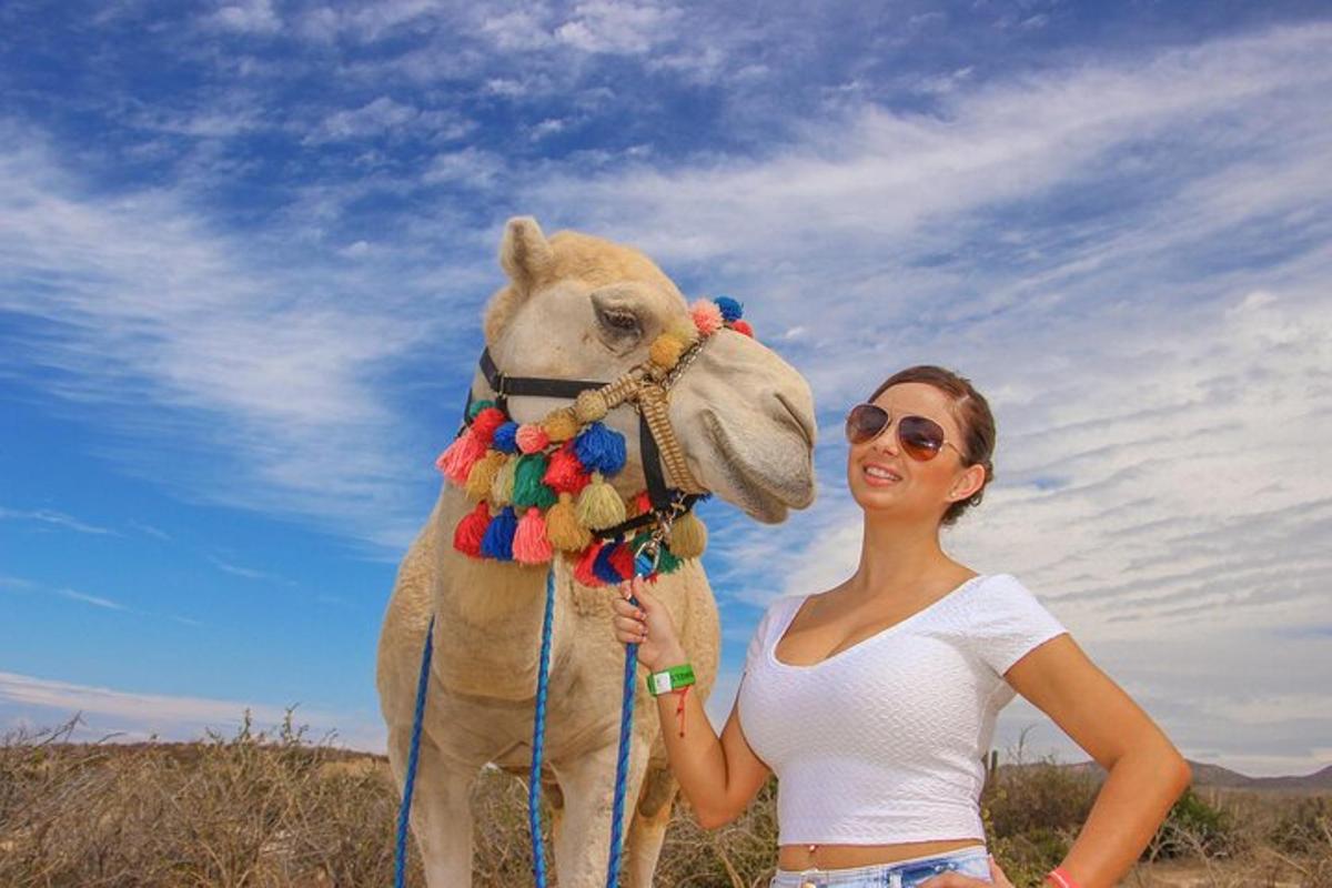 a woman is standing next to a dressed up camel
