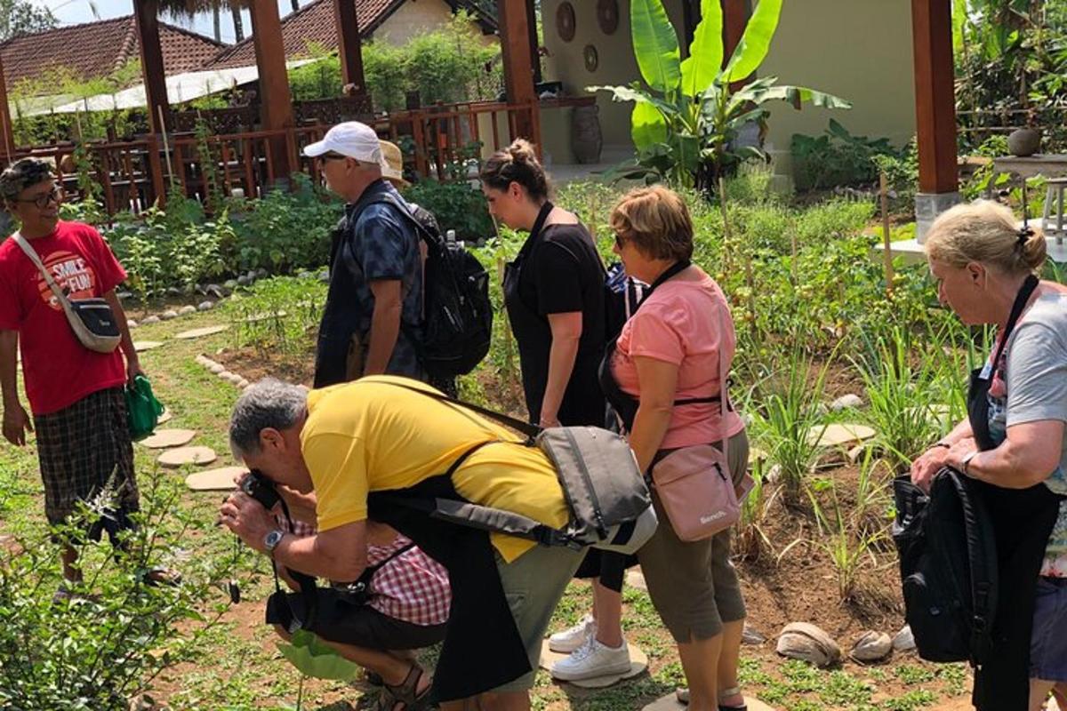 a group of people standing around in a garden
