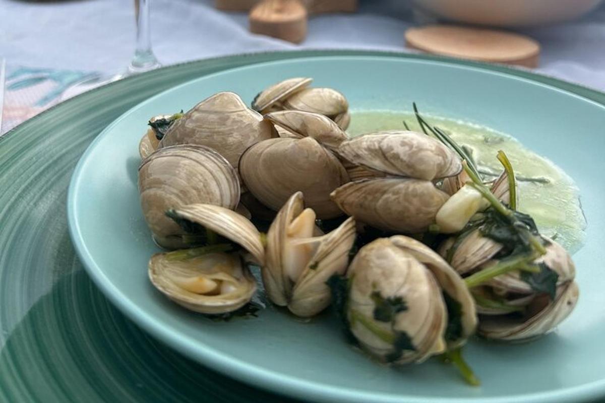 a blue plate of clams on a table