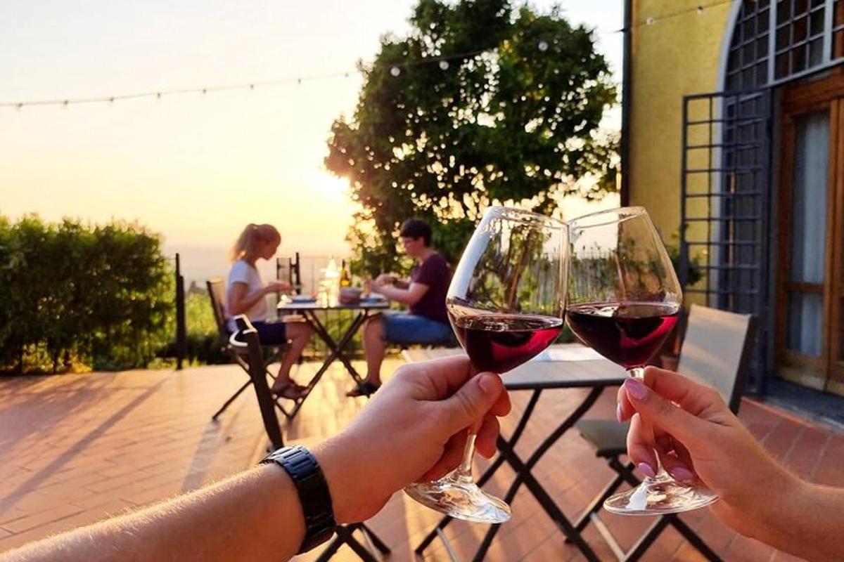 două persoane care țin în mână pahare de vin roșu