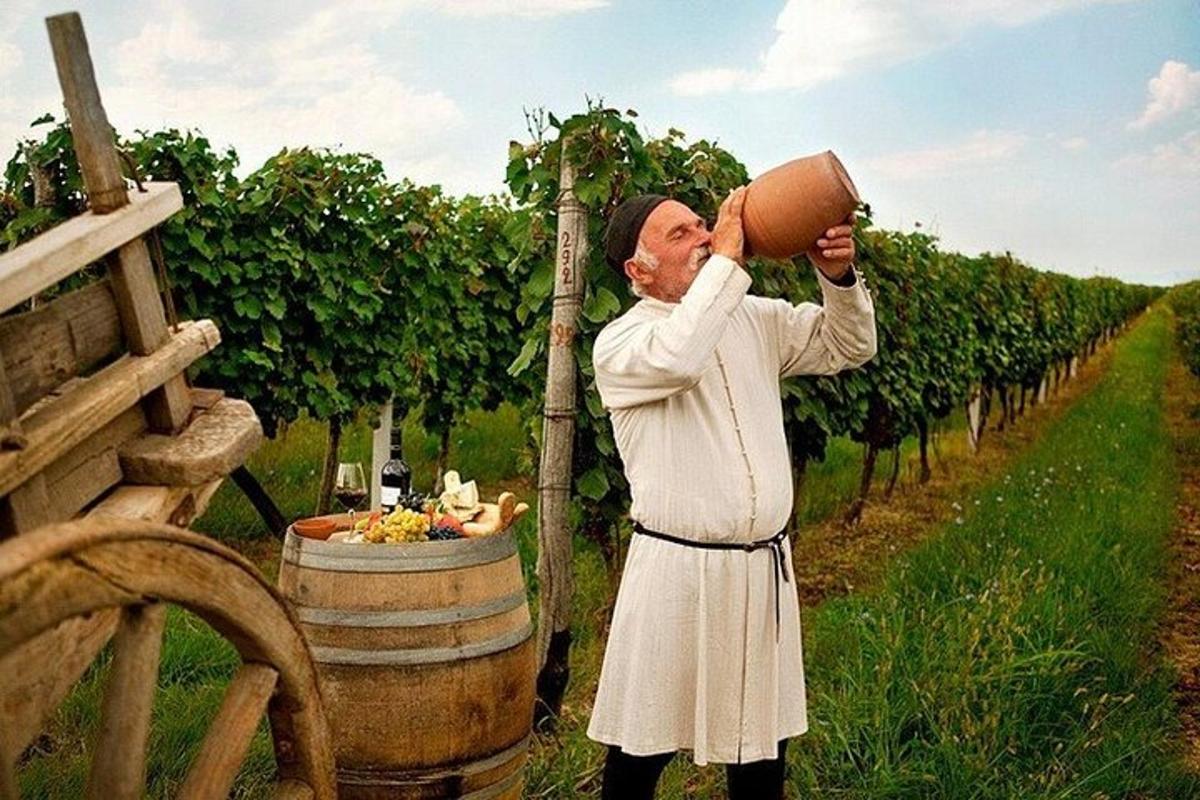 muž pije ze sudu ve vinici