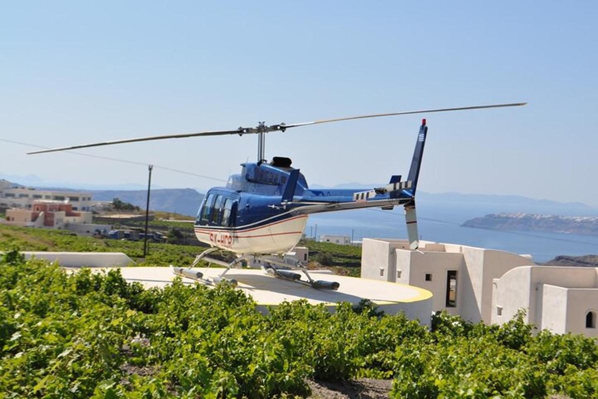un helicòpter blau assegut a sobre d'un edifici