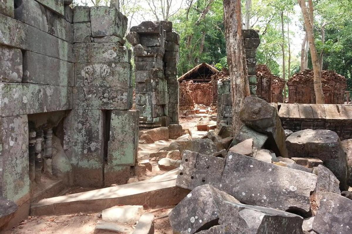 ruínas antigas de um edifício com pedras e árvores