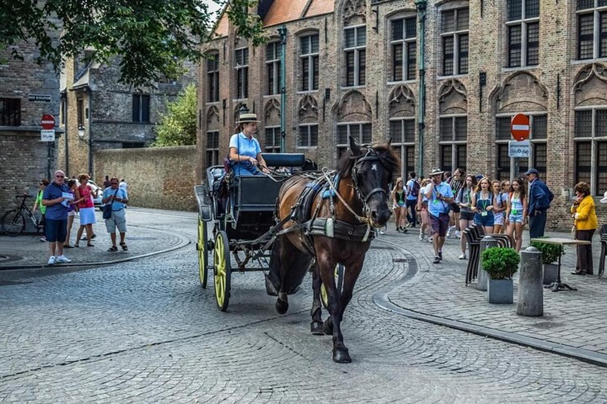 Una mujer que viaja en un carruaje tirado por caballos por una calle