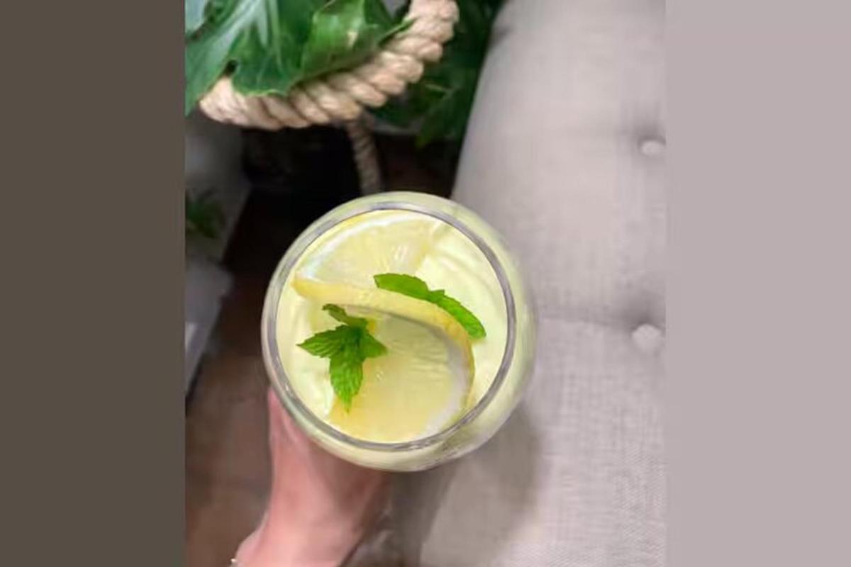en persons hand som håller en drink med lime och mynta