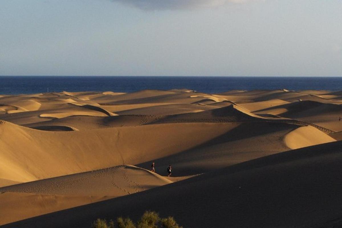 duas pessoas em pé no topo de dunas de areia no deserto