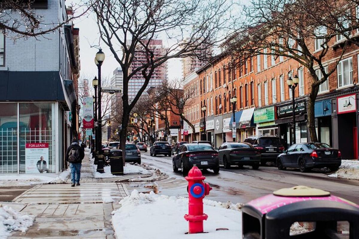 a red and blue fire hydrant on a city street