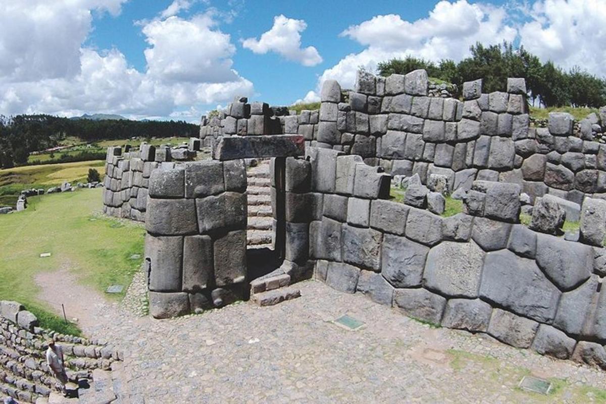 un antic mur de pedra amb una porta en un camp