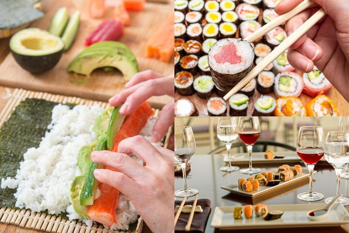 skupina tří obrázků sushi a sklenic na víno