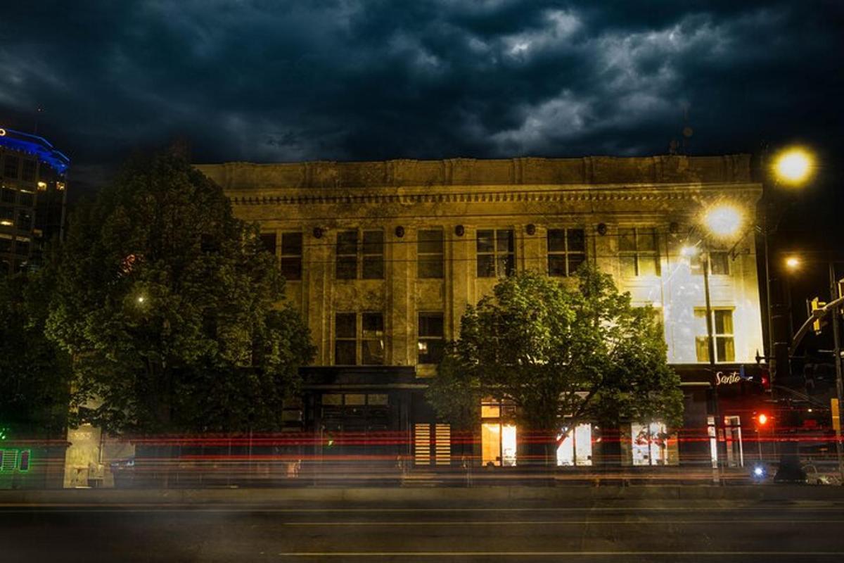 a building on a street at night