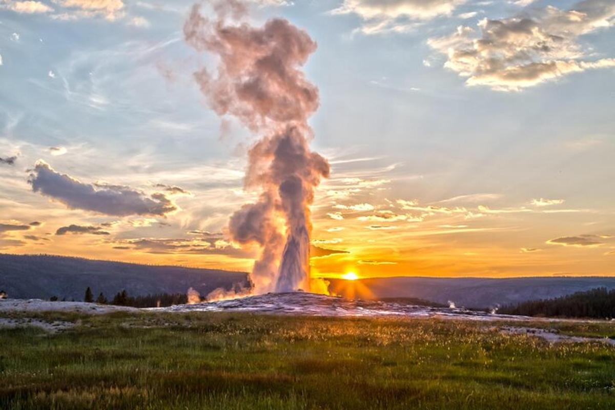 a geyser eruption in a field at sunset
