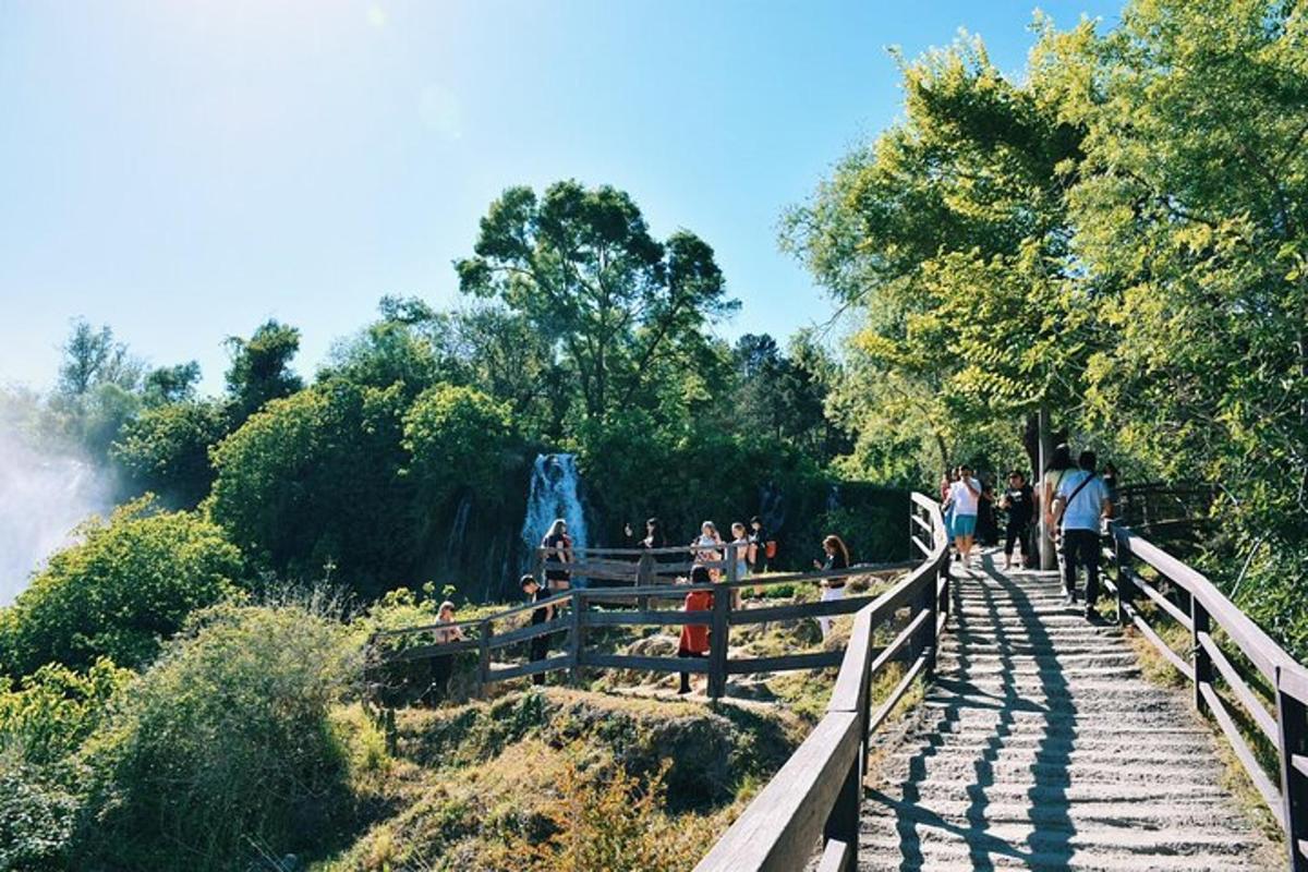 a group of people walking on a bridge with a waterfall