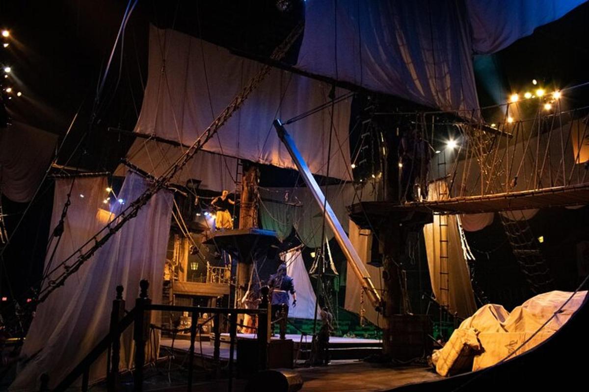 a stage of a pirate ship at night