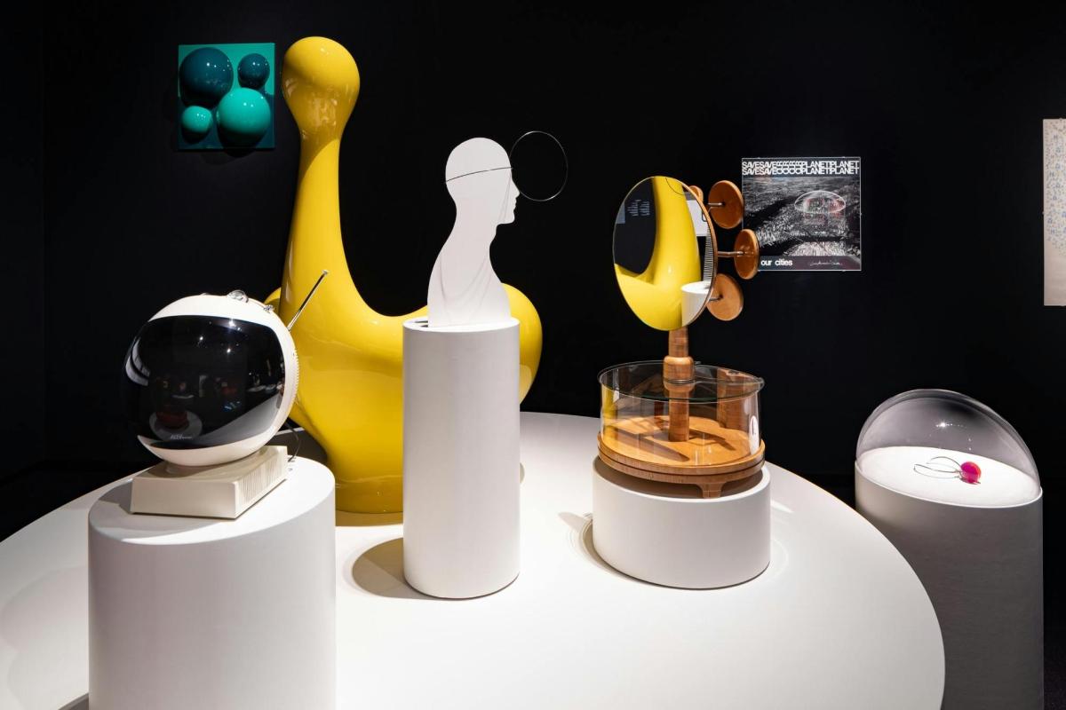 a group of objects on a table with a banana