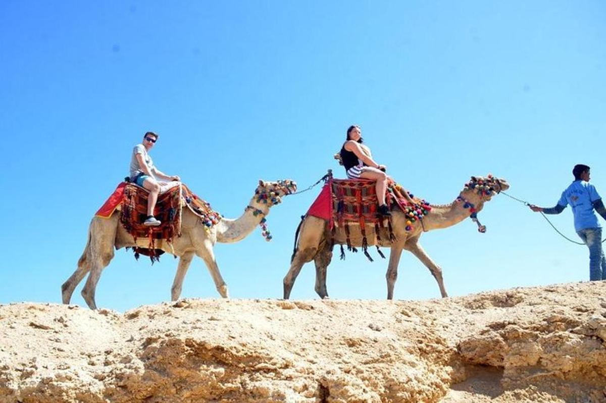 due persone a cavallo di cammelli nel deserto