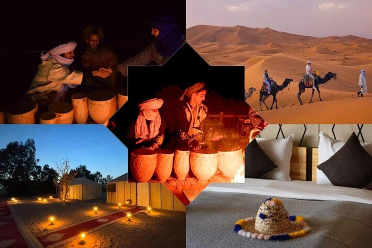 Un collage de imágenes de un desierto con una cama y gente.