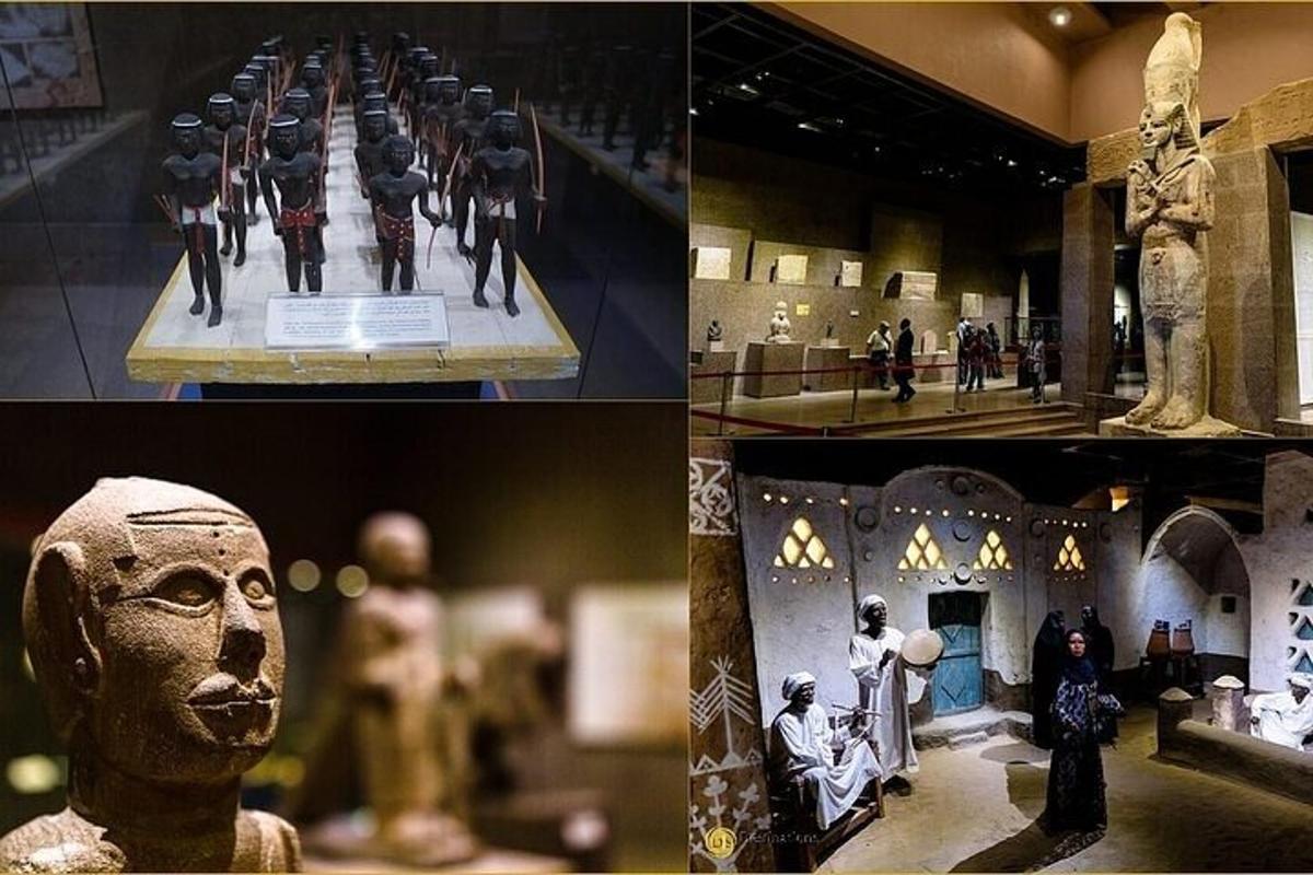 Un grupo de cuatro fotografías de estatuas en un museo.